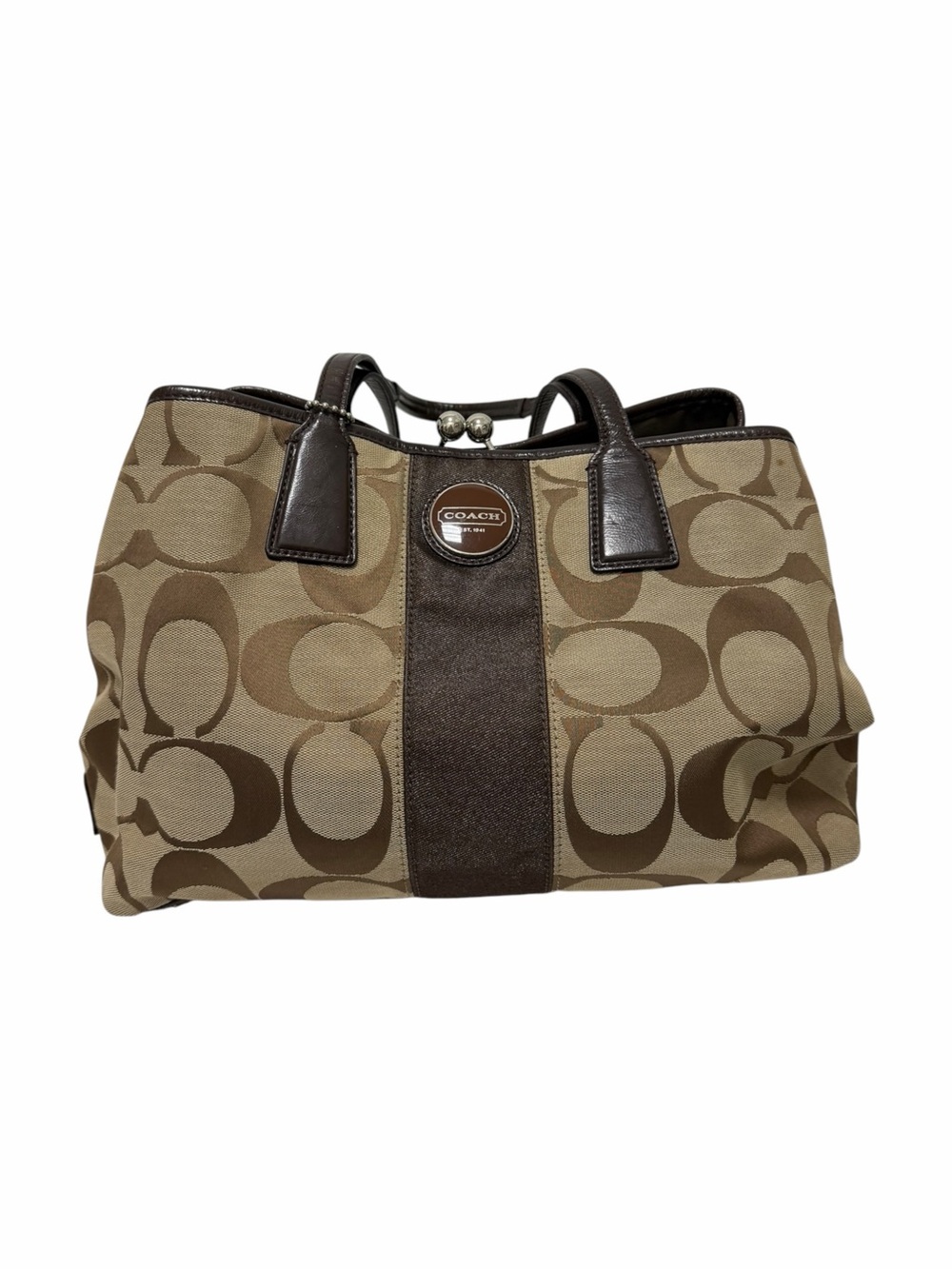 Coach Brown/Tan Logo Leather/Textile Shoulder Handbag